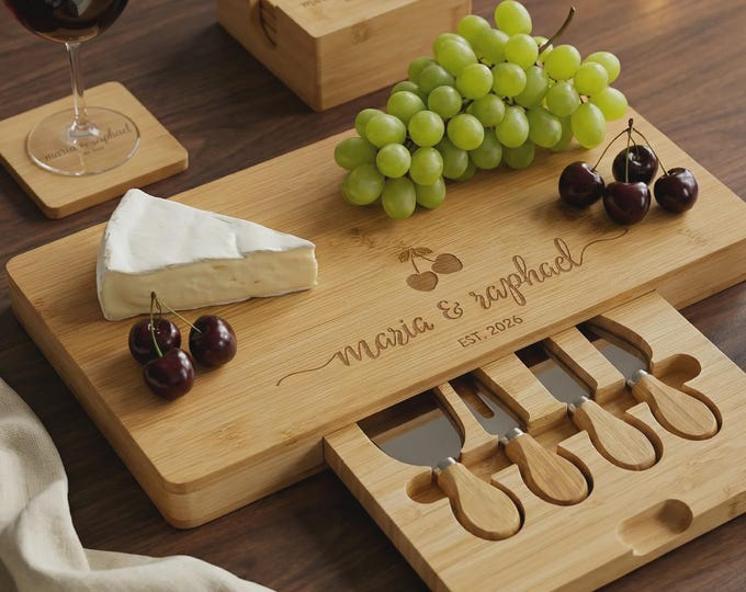 Personalized Wedding Gift | Bamboo Charcuterie Board Set & Romantic Cherry Fruit Design