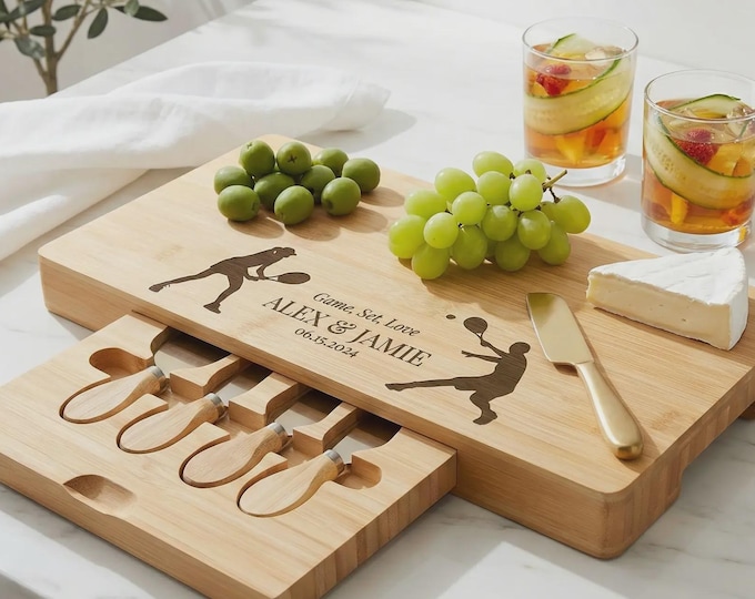 Personalized Tennis Charcuterie Board: Engraved Bamboo Cheese Board Set
