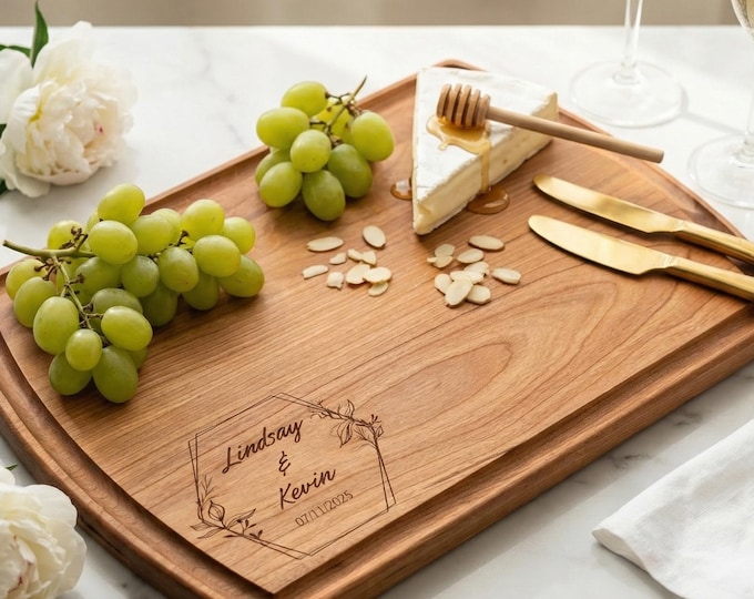 Personalized Cherry Wood Board with Juice Groove - Geometric Floral Wedding Gift