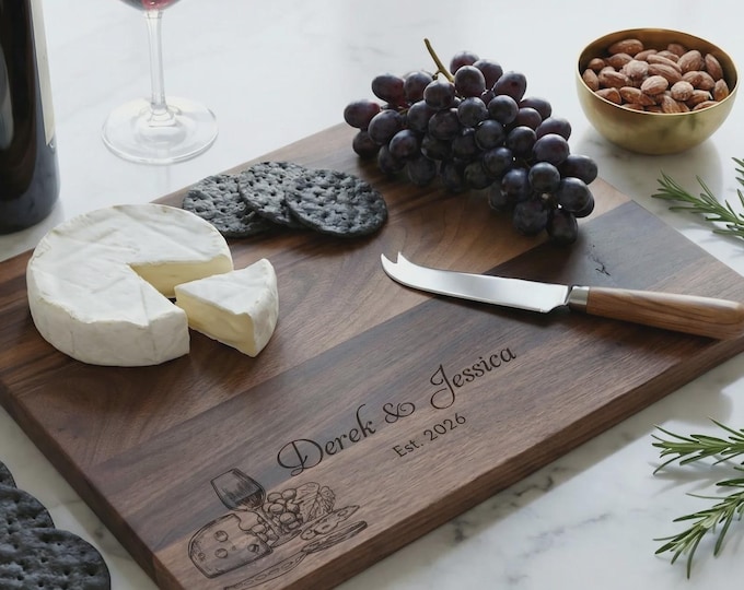 Personalized Cutting Board for Couple, Custom Engraved Wooden Cheese Platter, Wine Theme Wedding Keepsake