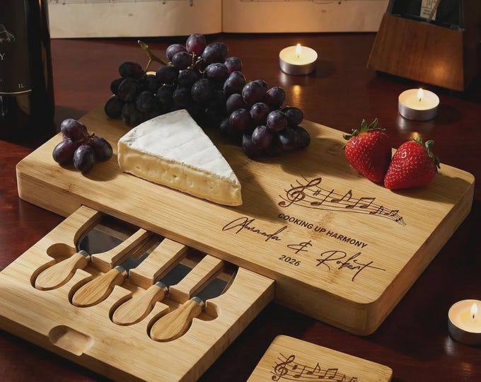 Music Lover Wedding Gift | Personalized Bamboo Charcuterie Board Set & Musician Decor