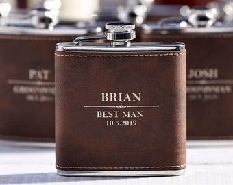 Personalized Set Of 9 Flasks, Groomsmen Wedding Gift, Best Man Leather Flasks, Customized Wedding Flasks, Engraved Leatherette Flasks