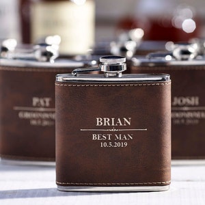 Personalized Set Of 6 Flasks, Groomsmen Wedding Gift, Best Man Leather Flasks, Customized Wedding Flasks, Engraved Leatherette Flasks