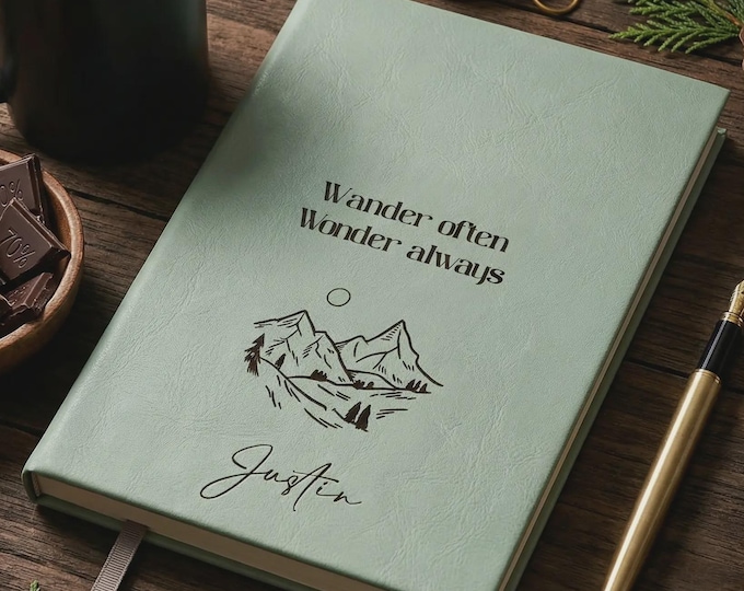 Personalized Faux Leather Travel Journal, Custom Engraved Adventure Diary