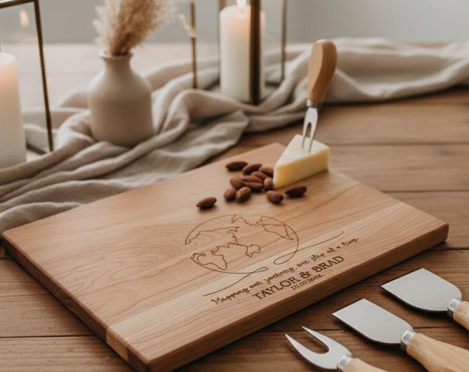 Personalized Charcuterie Board – World Map: Custom Cutting Board | Housewarming, Wedding, Anniversary, Adventure, Mapping Our Journey Gift