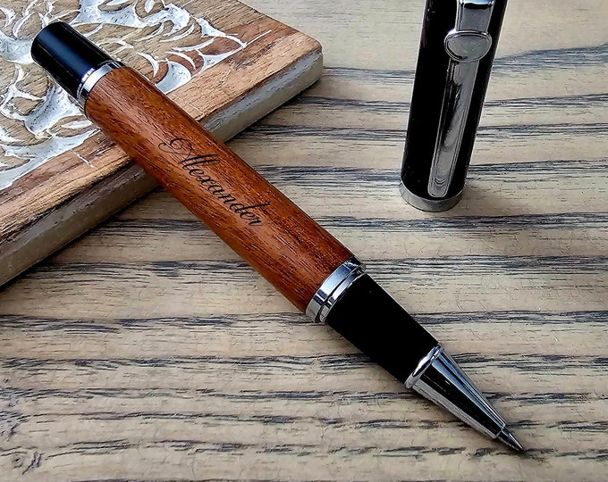 Personalized Laser Engraved Wooden Pen in Black Box - Custom Fonts, Blue Ink - Perfect Gift for Colleagues, Loved Ones, Teachers