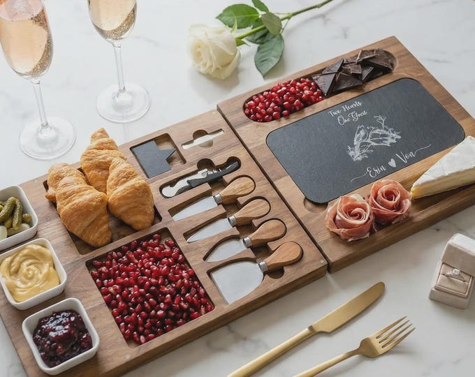 Bird Lover Gift | Personalized Charcuterie Board Set & "Two Hearts One Branch" Slate Platter