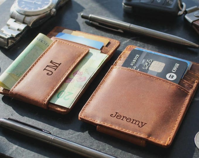 Personalized Crazy Horse Leather Money Clip, Custom Engraved Magnetic Wallet with 6 Card Slots