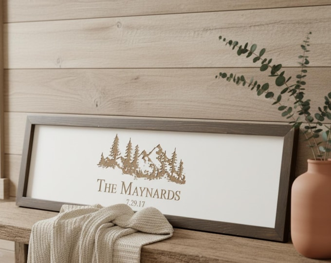 Personalized Wooden Mountain Sign: Engraved Family Name, Lake House Decor