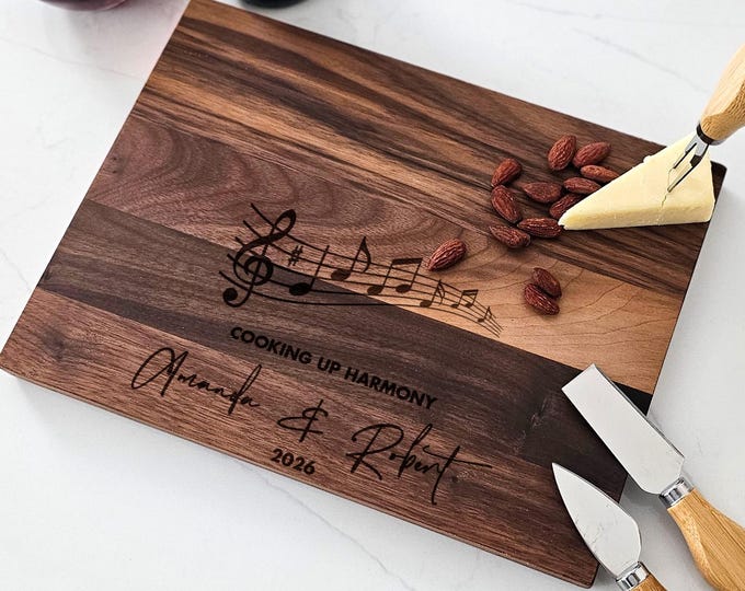 Personalized Cutting Board – Music-Lover Couple: Custom Engraved Charcuterie Board, Musical Note, Engagement, Anniversary, Wedding Gift