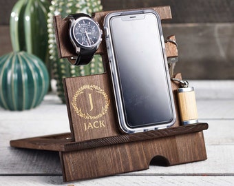 Personalize wood  phone stand, Custom watch stand, Personalize wood organizer, Wood Docking Station, Gift for him, Organizer station