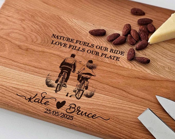 Personalized Cutting Board – Biking Couple: Custom Engraved Charcuterie Board, Cute Gift for Cycling Lovers, Anniversary, Wedding, Keepsake