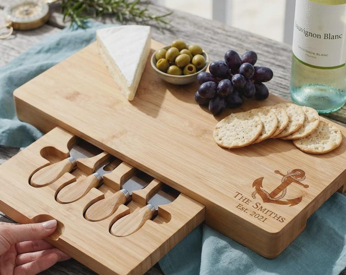 Personalized Anchor Bamboo Charcuterie Board - Custom Nautical Cheese Set with Knives