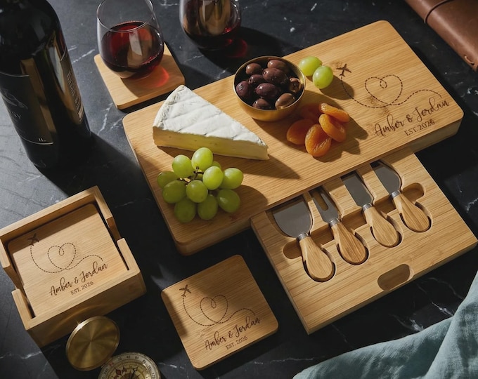 Personalized Bamboo Charcuterie Board Set | Destination Wedding Gift, Travel Lover Present
