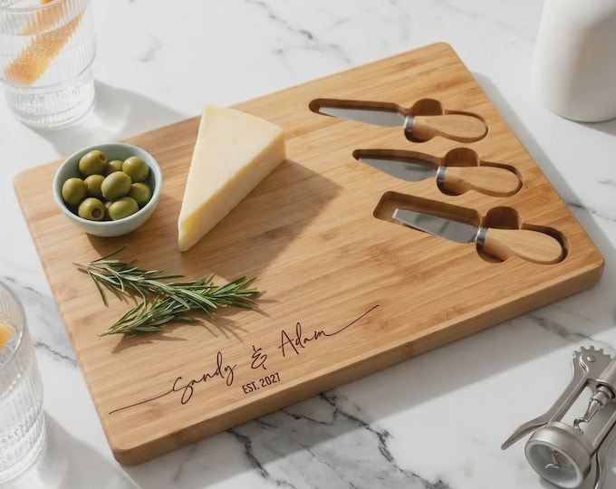 Personalized Bamboo Cheese Board Set with Knives, Engraved Cutting Board, Wedding Gift