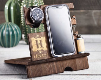 Personalize wood  phone stand, Custom watch stand, Personalize wood organizer, Wood Docking Station, Gift for him, Organizer station