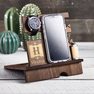 Personalize wood phone stand, Custom watch stand, Personalize wood organizer, Wood Docking Station, Gift for him, Organizer station image 1