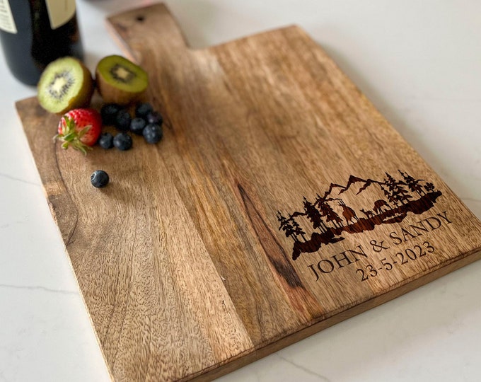 Custom Engraved Rustic Wood Paddle Board, Personalized Rustic Cutting Board with Mountains, Pine Trees: Unique wedding and Housewarming gift