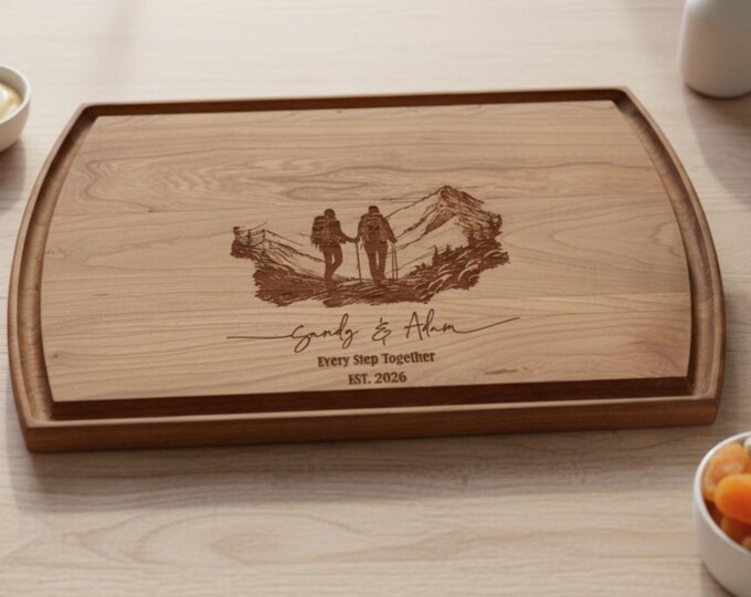 Personalized Cutting Board – Hiking Couple: Custom Charcuterie Board | Adventure, Anniversary, Engagement, Housewarming Party, Wedding Gift