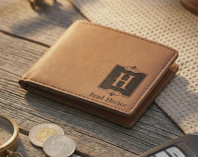 Personalized Mens Wallet | Custom Monogram Vegan Leather Bifold & Engraved Graduation Gift