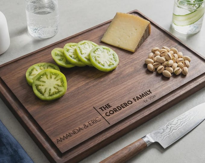 Personalized Cutting Board For Couples |  Wooden Charcuterie Platter and Modern Family Name Wedding Gift