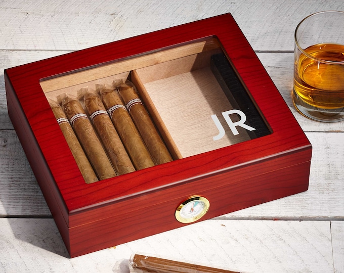 Personalized Cigar Humidor with Hygrometer, Cedar Lined Humidor, Wooden Laser Engraved Glass Top Cigar Box , Fathers Day, Christmas Gift