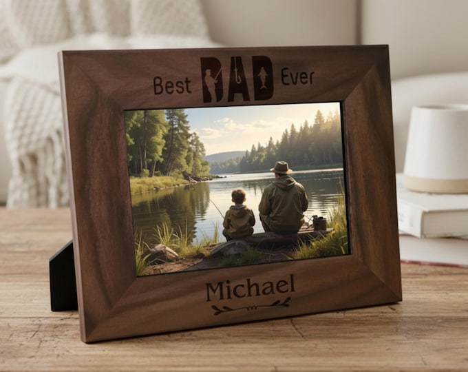 Personalized Wooden Picture Frame "Best Dad Ever" | Custom Engraved Fishing Photo Frame, Fishing Gift For Dad
