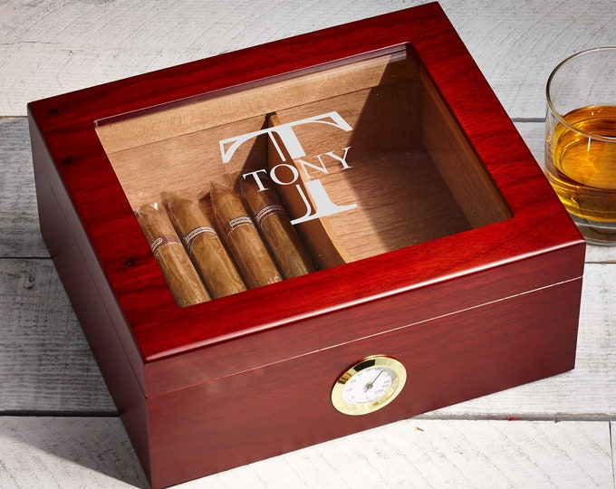 Personalized Cigar Humidor, Engraved Glass Top Cigar Box, Custom Humidor Gift Set, Monogramed Cigar Humidor, Cigar Holder Box, Cigar Kit