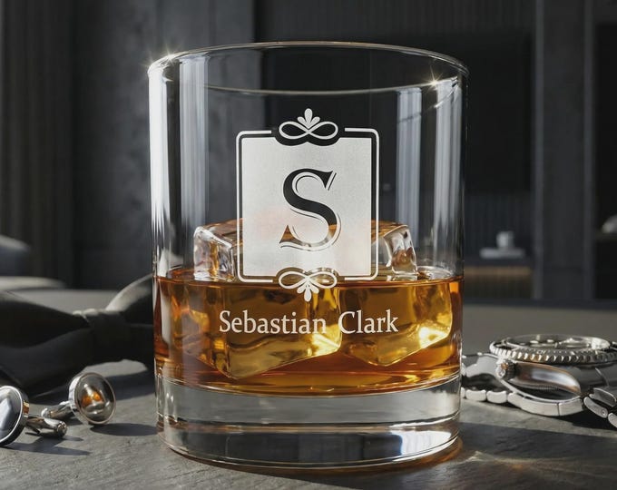 Personalized Whiskey Glass with Engraved Wood Box, Custom Etched Rocks Glass, Groomsmen Gift