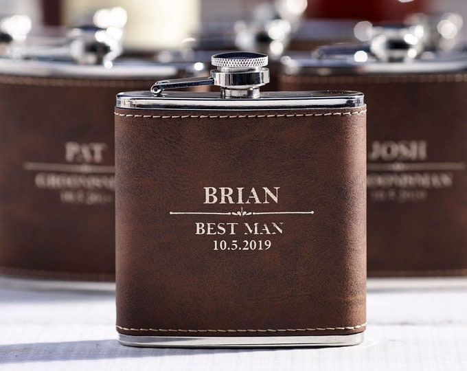 Personalized Set Of 5 Flasks, Groomsmen Wedding Gift, Best Man Leather Flasks, Customized Wedding Flasks, Engraved Leatherette Flasks