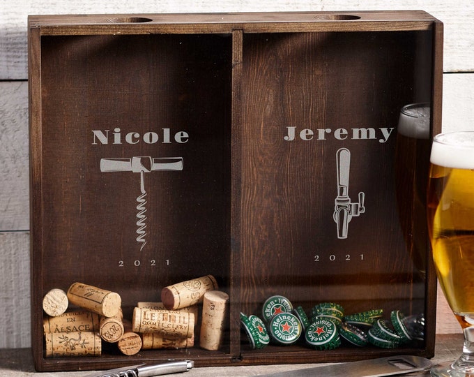 Personalized Beer Cap Holder, Wine Cork Holder, Customized Wooden Beer Cap Shadow Box, Engraved Wine Cork Shadow Box, Gift For The Couple