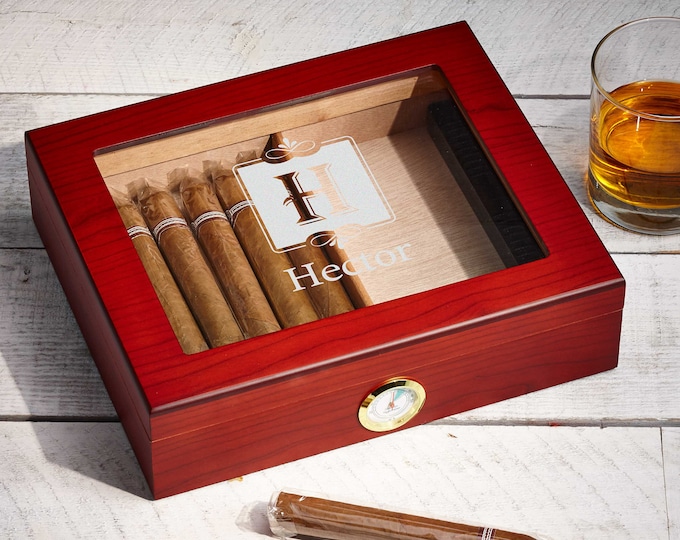 Personalized Cigar Humidor, Engraved Glass Top Cigar Box, Custom Humidor Gift Set, Monogramed Cigar Humidor, Cigar Holder Box, Cigar Kit