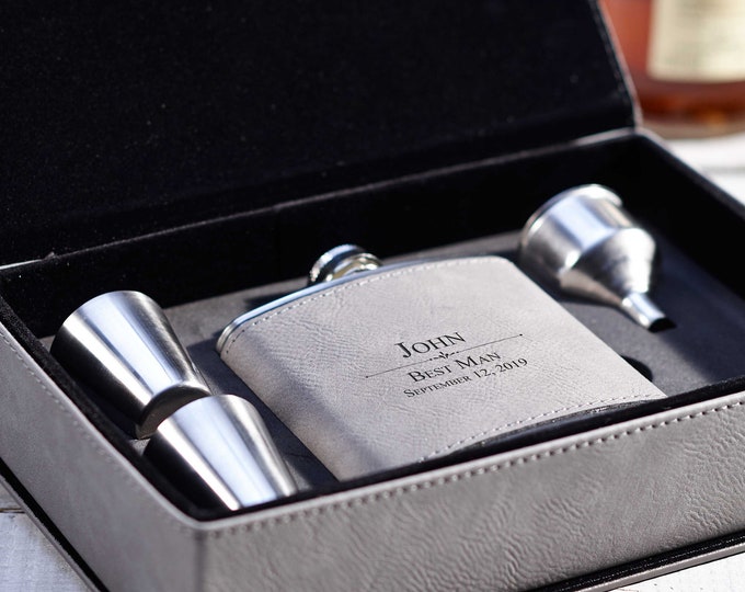 Personalized Flask - Customized Flask, funnel, and Shot Glasses in a Faux leather box: Groomsman, Best Man, Bachelor Party, and Wedding Gift