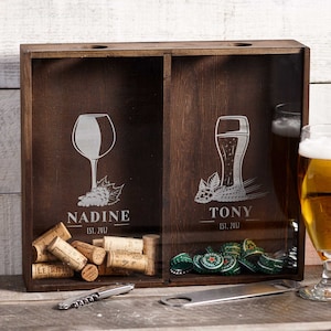 Personalized Beer Cap Holder, Wine Cork Holder, Customized Wooden Beer Cap Shadow Box, Engraved Wine Cork Shadow Box, Gift For The Couple image 1