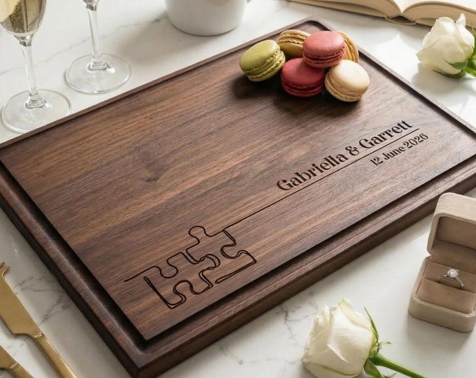 Personalized Cutting Board | Puzzle Themed Engraved Charcuterie Board | Wedding, Anniversary, Engagement Gift for Couples