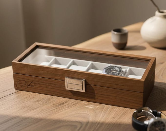 Personalized Walnut Watch Box: Engraved 6-Watch Storage Case