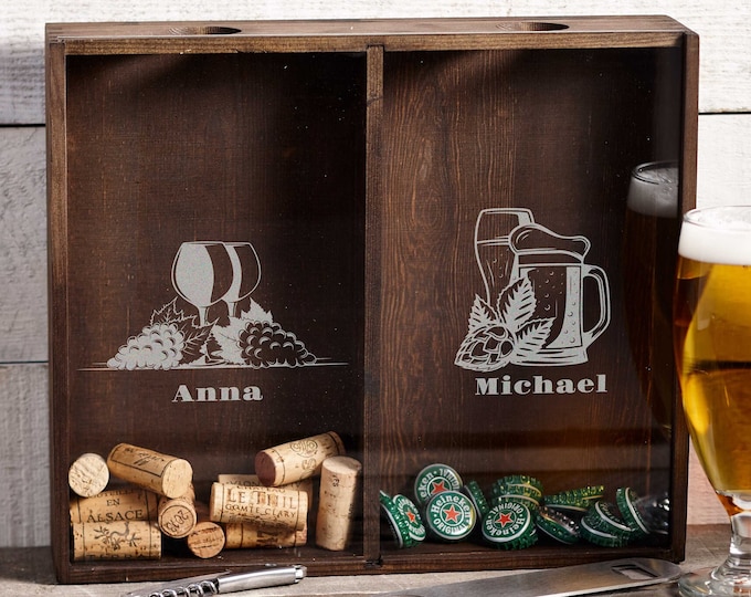 Personalized Beer Cap Holder, Wine Cork Holder, Customized Wooden Beer Cap Shadow Box, Engraved Wine Cork Shadow Box, Gift For The Couple