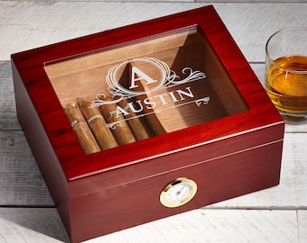 Personalized Cigar Humidor, Engraved Glass Top Cigar Box, Custom Humidor Gift Set, Monogramed Cigar Humidor, Cigar Holder Box, Cigar Kit
