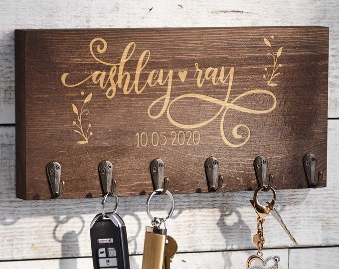 Personalized  Key hanger, Custom Key hook, Engraved key holder for wall, Mask hanger, Housewarming gift, Gift for the couple