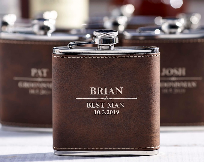 Personalized Set Of 8 Flasks, Groomsmen Wedding Gift, Best Man Leather Flasks, Customized Wedding Flasks, Engraved Leatherette Flasks