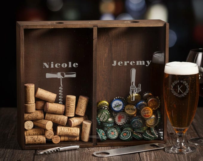 Personalized Beer Cap and Wine Cork Holder: Engraved Dark Walnut Shadow Box