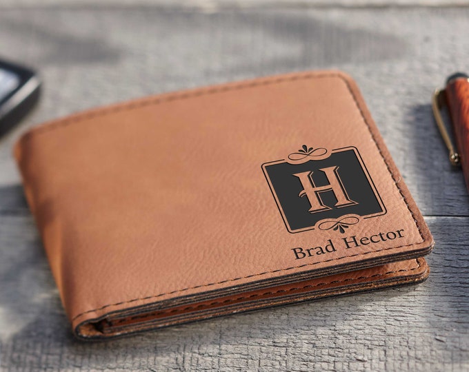 Personalized Wallet For Men, Custom Monogrammed Faux Leather Wallet, Laser Engraved Slim Wallet: Gift For Husband, Boyfriend, Son, Father