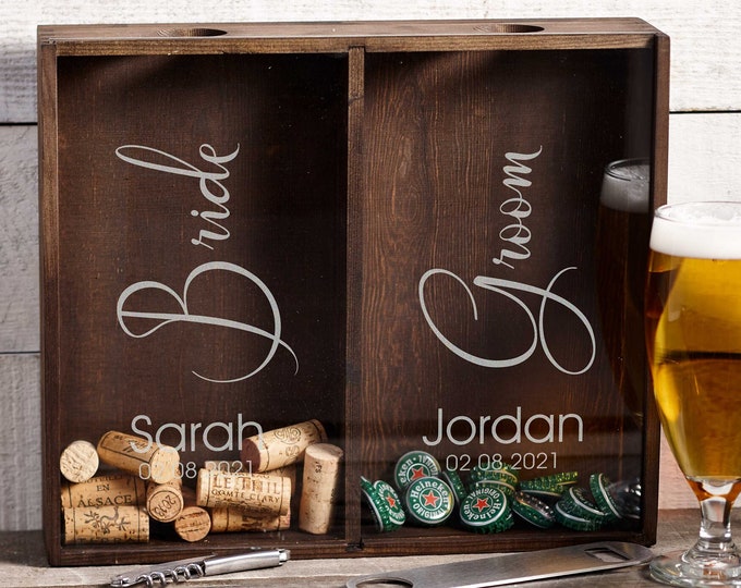 Personalized Beer Cap and Wine Cork Holder, Customized Rustic Hanging Wooden Shadow Box, Bride & Groom, Housewarming, Anniversary Gift