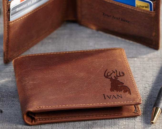Personalized Men's wallet, Custom Engraved Genuine Leather Wallet: Elk Design, Father's Day, Graduation, Valentine's, Husband, Son gift