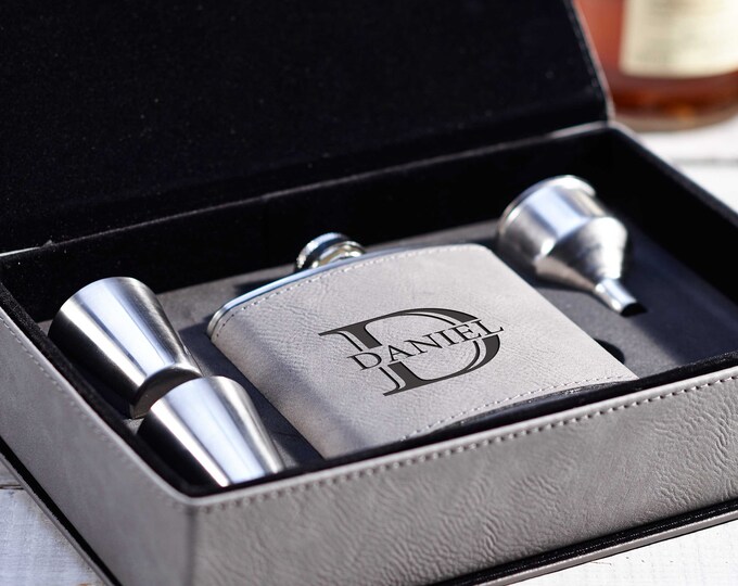 Custom Flask Gift Set - Personalized 6oz Flask, Grey Vegan Leather Box | Best Man, Groomsman Proposal, Anniversary, Birthday Gift for Men