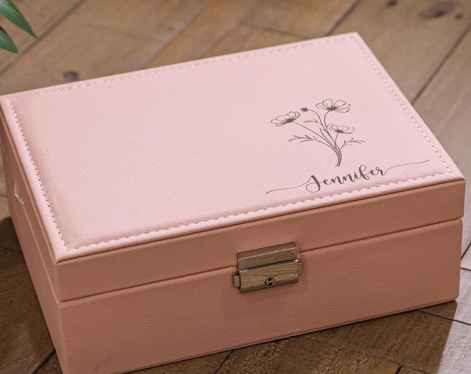 Personalized Faux Leather Jewelry Box: Floral Theme Jewelry Organizer Case - Ideal for Mom, Grandma, Daughter, Birthday, and Christmas Gift