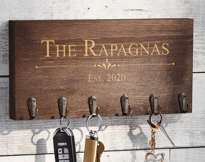 Personalized Rustic Key Hanger - Unique Custom Engraved Wood Key Holder for Housewarming, New Home, Couples & Farmhouse Decor