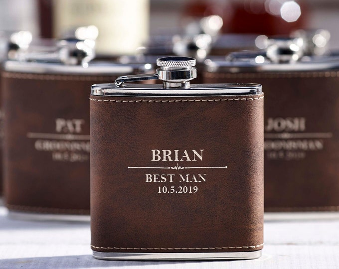 Personalized Set Of 10 Flasks, Groomsmen Wedding Gift, Best Man Leather Flasks, Customized Wedding Flasks, Engraved Leatherette Flasks