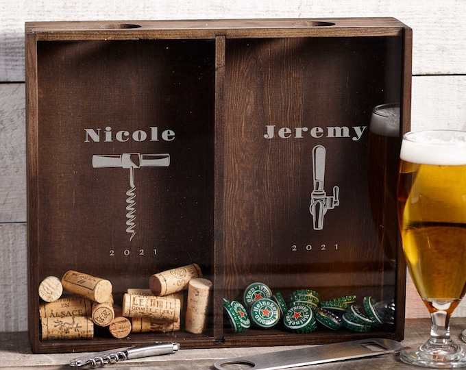 Personalized Beer Cap Holder, Wine Cork Holder, Customized Wooden Beer Cap Shadow Box, Engraved Wine Cork Shadow Box, Gift For The Couple