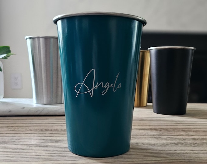 Personalized Stainless Steel Pint Cups  | Custom Engraved Beer Glasses for Groomsmen, Husband, Father | Kid-Friendly | Indoor Outdoor Use